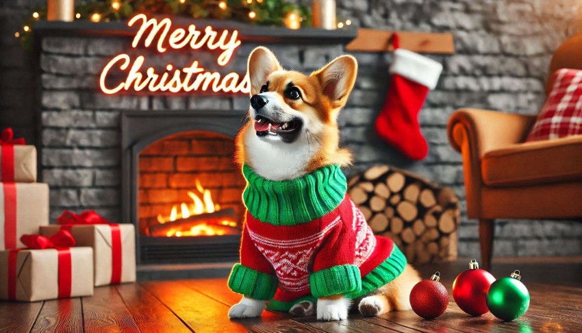 Creative merry Christmas Dog image with festive background