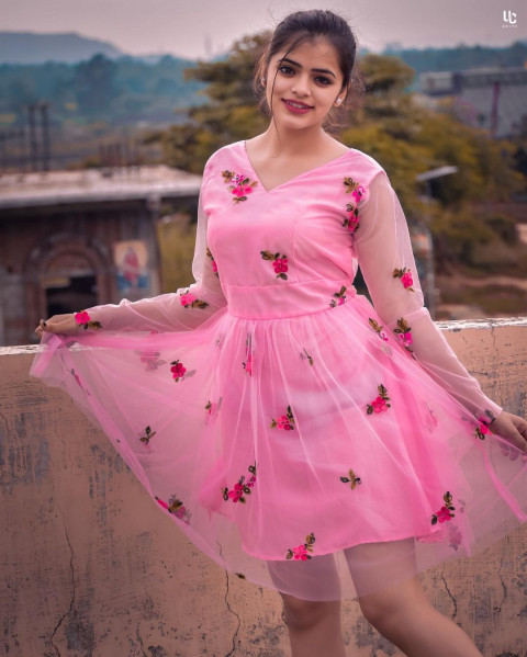 Cute Dipika Rana Pictures in Pink Dress Tik Tok Star