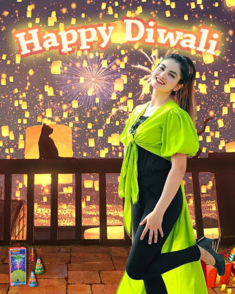 Happy Diwali Sky Lanterns Background With Girl