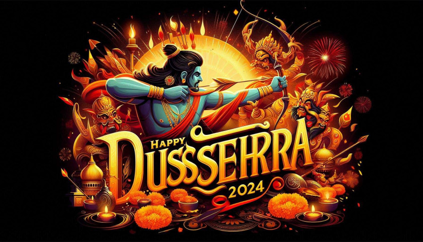 Happy Dussehra wishes Images with flowers and diyas