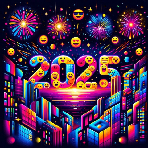 Happy New Year 2025 Vibrant Illustration Fireworks Emojis Background