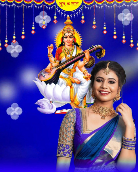 Happy Saraswati Puja Editing Blue Background HD with Girls