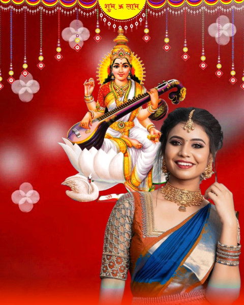 Happy Saraswati Puja Girls Editing Red Background HD Download