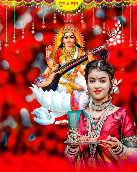 Happy Saraswati Puja Special Cute Girls Editing Red Background HD