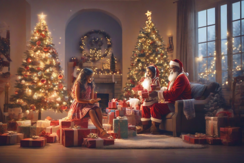 Merry Christmas Blur Background Sitting Santa Claus Giving Gift
