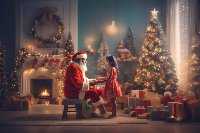 Merry Christmas Blur Background Sitting Santa Claus Giving Gift