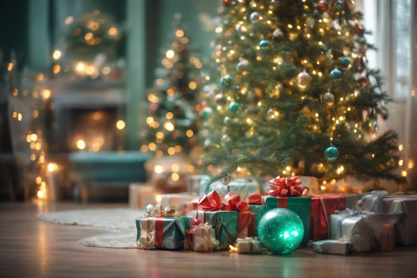 Merry Christmas Images HD Green Tree With light Ball And Gift Photo