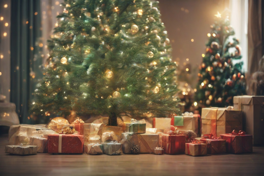 New Christmas Green Tree With light Ball And Gift Background in House