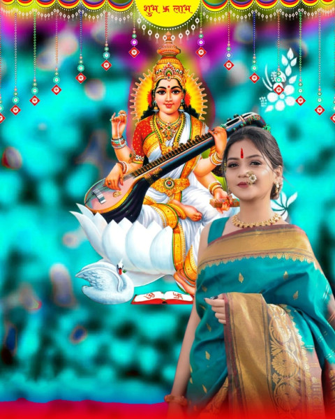 Saraswati Puja Editing Background Free Stock Photo with Cute Girls